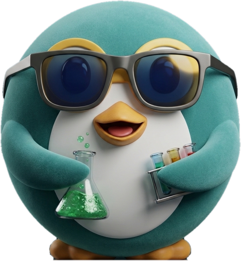 Nova, the Science Gate penguin, holding a flask of bubbling green liquid
